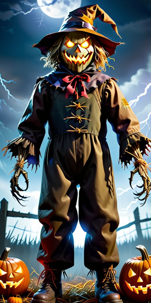 Imagine a Halloween-style horror image featuring a sinister scarecrow with a dark aura. Set the scene at night with haunting lightning,  a full moon,  and an eerie atmosphere. Capture the scarecrow's evil,  sinister appearance,  accentuated by glowing red and yellow eyes. Craft a super-realistic,  super-high detailed,  32k Ultra HDR image with a photographic cinematic quality. Let the scarecrow's malevolent smile send shivers down the spine against a perfect,  super scary background,  creating a masterpiece that embodies the essence of Halloween horror, , , , , , , 

