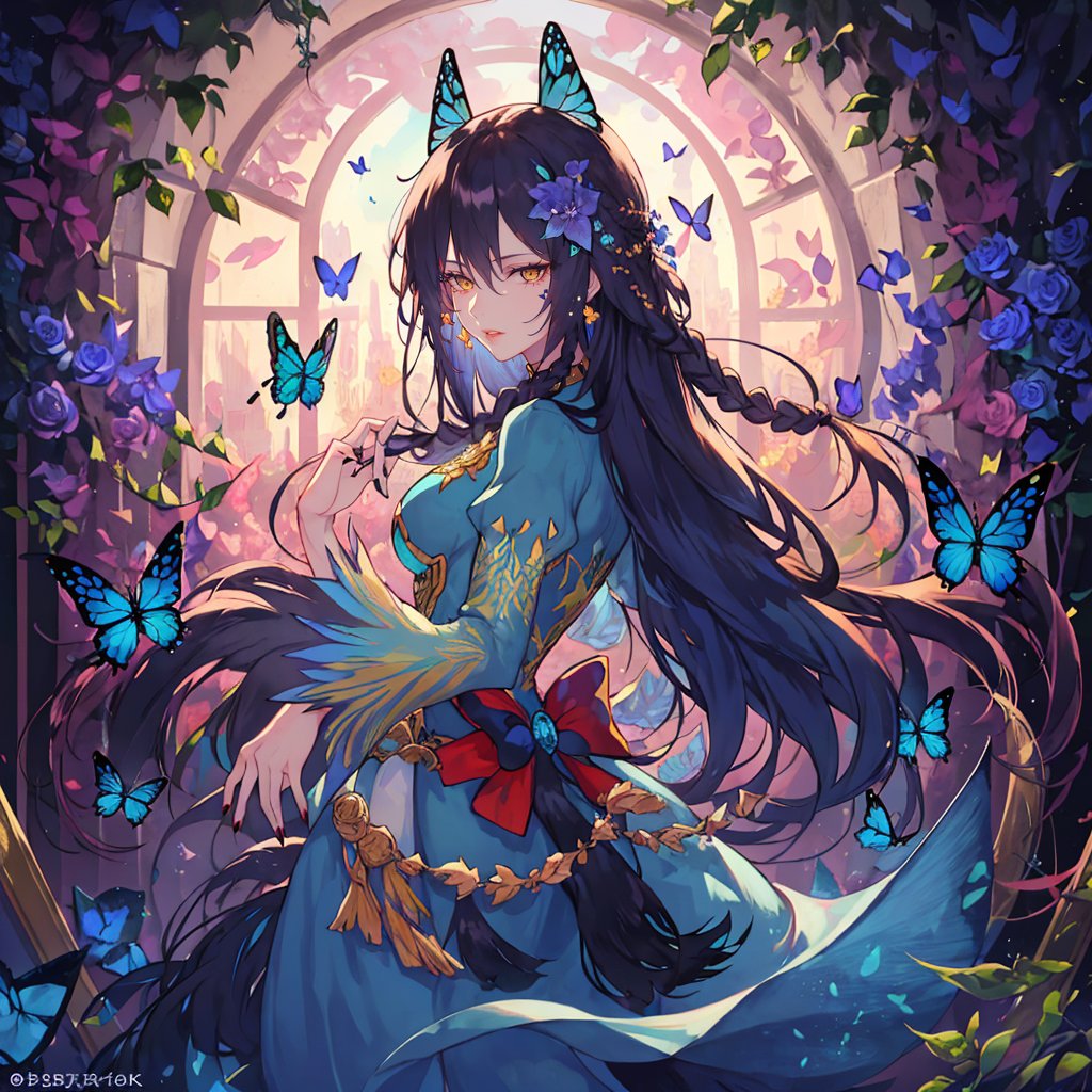 8k, a woman with long hair and a blue dress standing in front of a circular frame with flowers and butterflies, Artgerm, stanley artgerm lau, a detailed painting, art nouveau.1girl, blue_butterfly, blue_flower, blue_nails, braid, bug, butterfly, butterfly_hair_ornament, butterfly_on_hand, butterfly_wings, crystal, dress, flower, glowing_butterfly, hair_ornament, leaf, lips, long_hair, long_sleeves, looking_at_viewer, parted_lips, plant, solo, thorns, vines, white_butterfly, window, yellow_butterfly