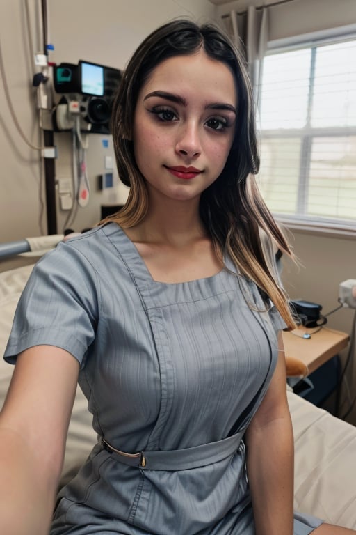 Photography of nurse woman, photorealistic, masterpiece, high quality, wearing medical gown, in hospital, upper body, medium shot
