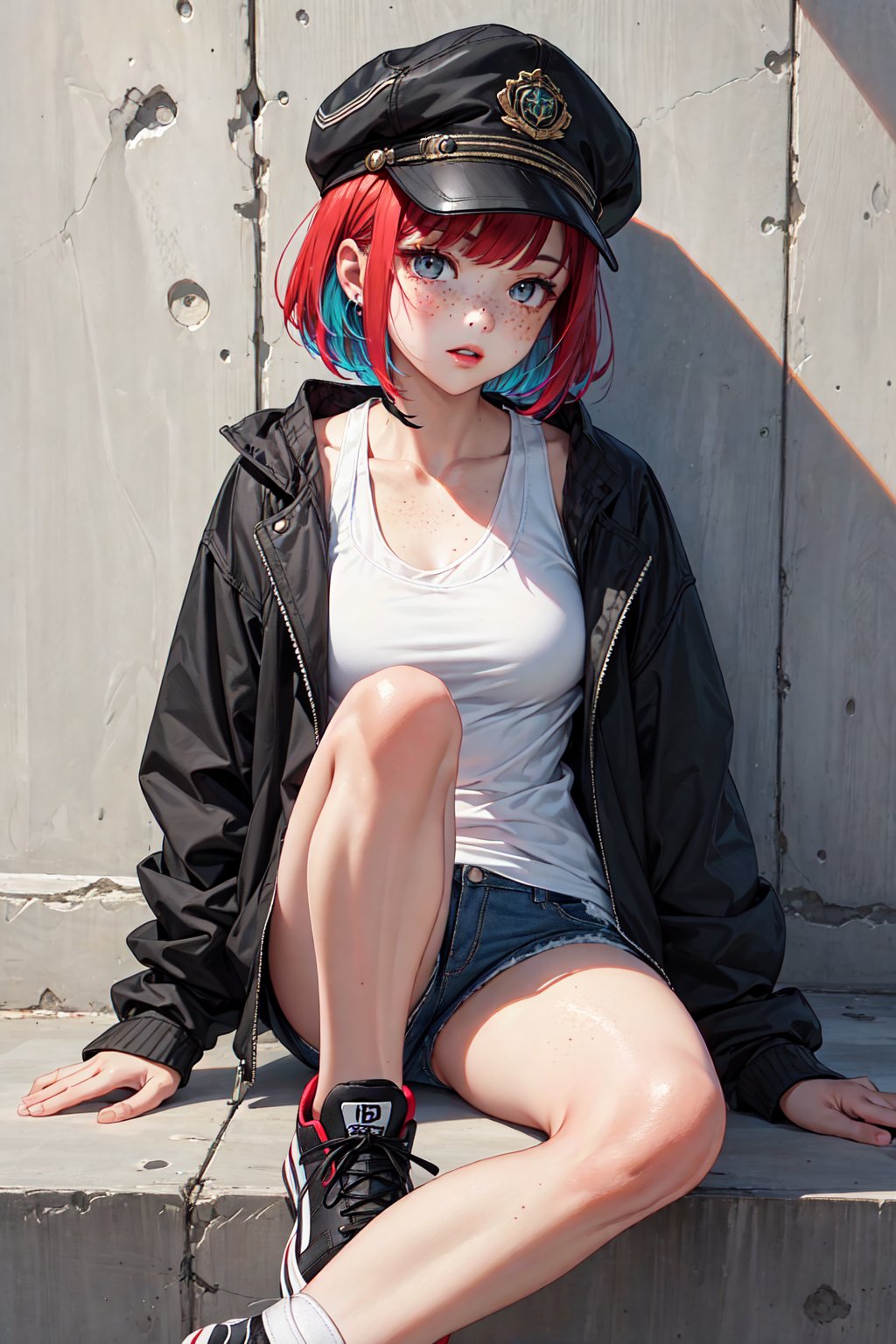 ((masterpiece:1.4, best quality:1.2)), toned, 1girl with a short bob cut hair, red hair, grey eyes, freckles, multicolored hair, green jacket, cap, black tank top, sneakers,