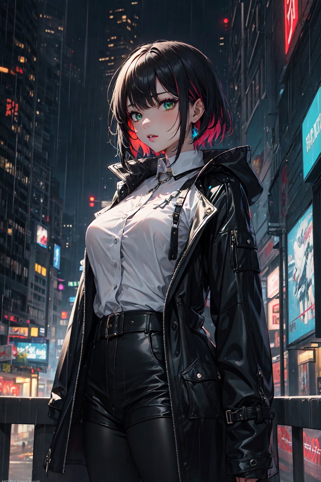 ((masterpiece)), 1girl, solo focus, tall female, short hair, multicolored hair, green eyes, jewel like eyes, medium breasts, black coat, white shirt, accessories, city background, futuristic city, night, rain, moody