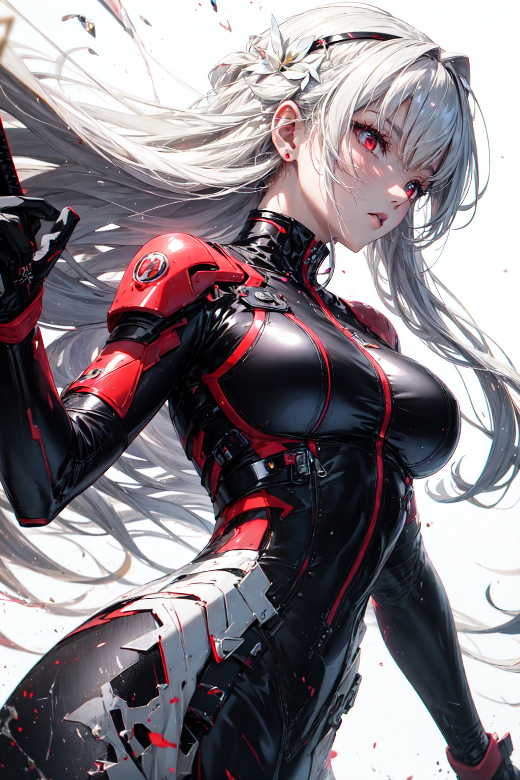 ((masterpiece:1.4, best quality:1.2)), 1girl, solo focus, tall female, delicate face, stern expression, extremely detailed anime face and eyes, beautiful white armor, hourglass figure, white hair, gradient hair, very long hair, red eyes, glowing eyes, cyberwear on face, holding plasma katana, striking, futuristic setting, white background, profile, <lora:add_detail:0.3>, <lora:眼睛双:0.3>