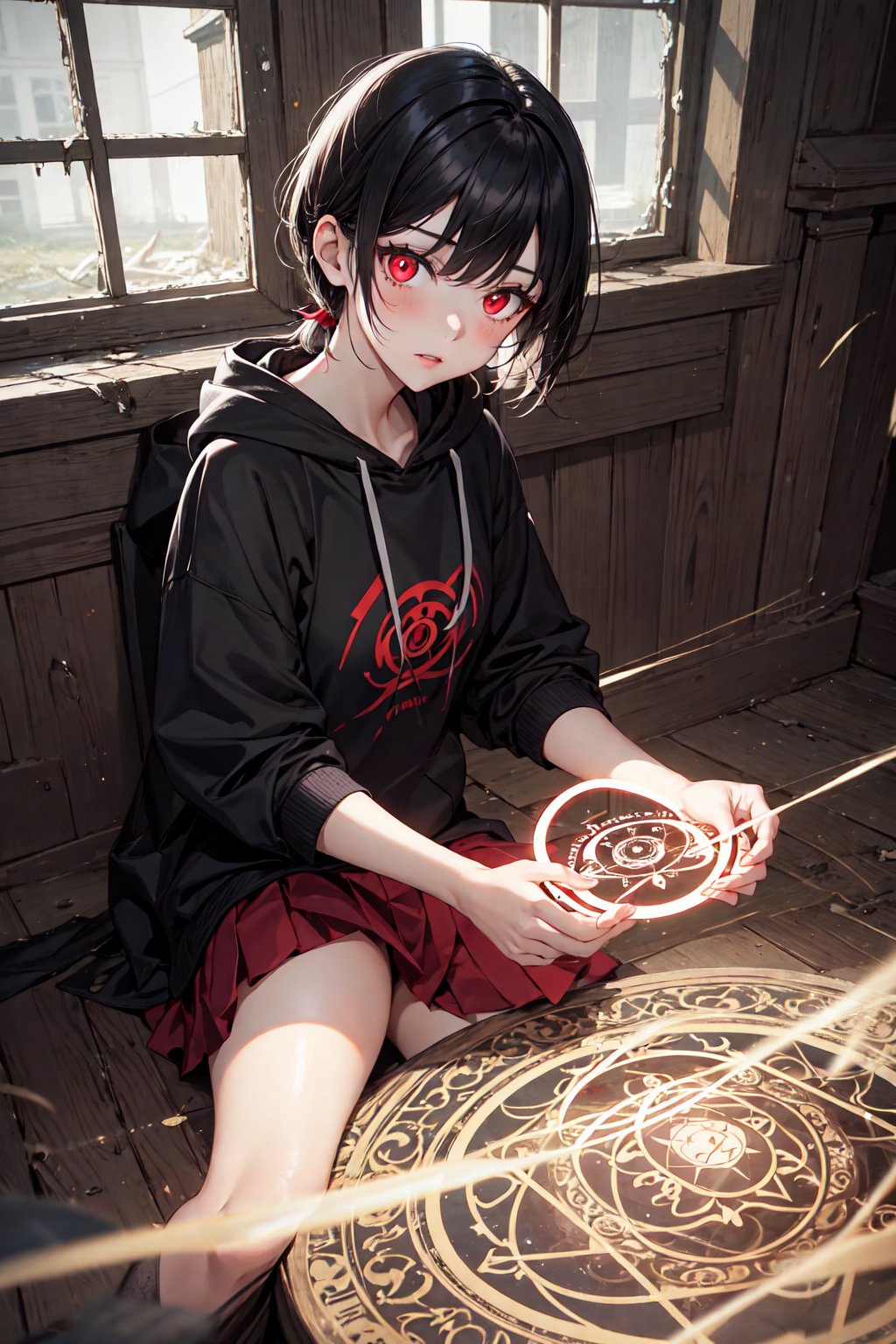 1girl with a short hair, side ponytail, red eyes, glowing eyes, black hoodie, pleated red skirt, pale skin, sitting, possessed, magical girl, magic circle, magic circuit, abandoned manor,