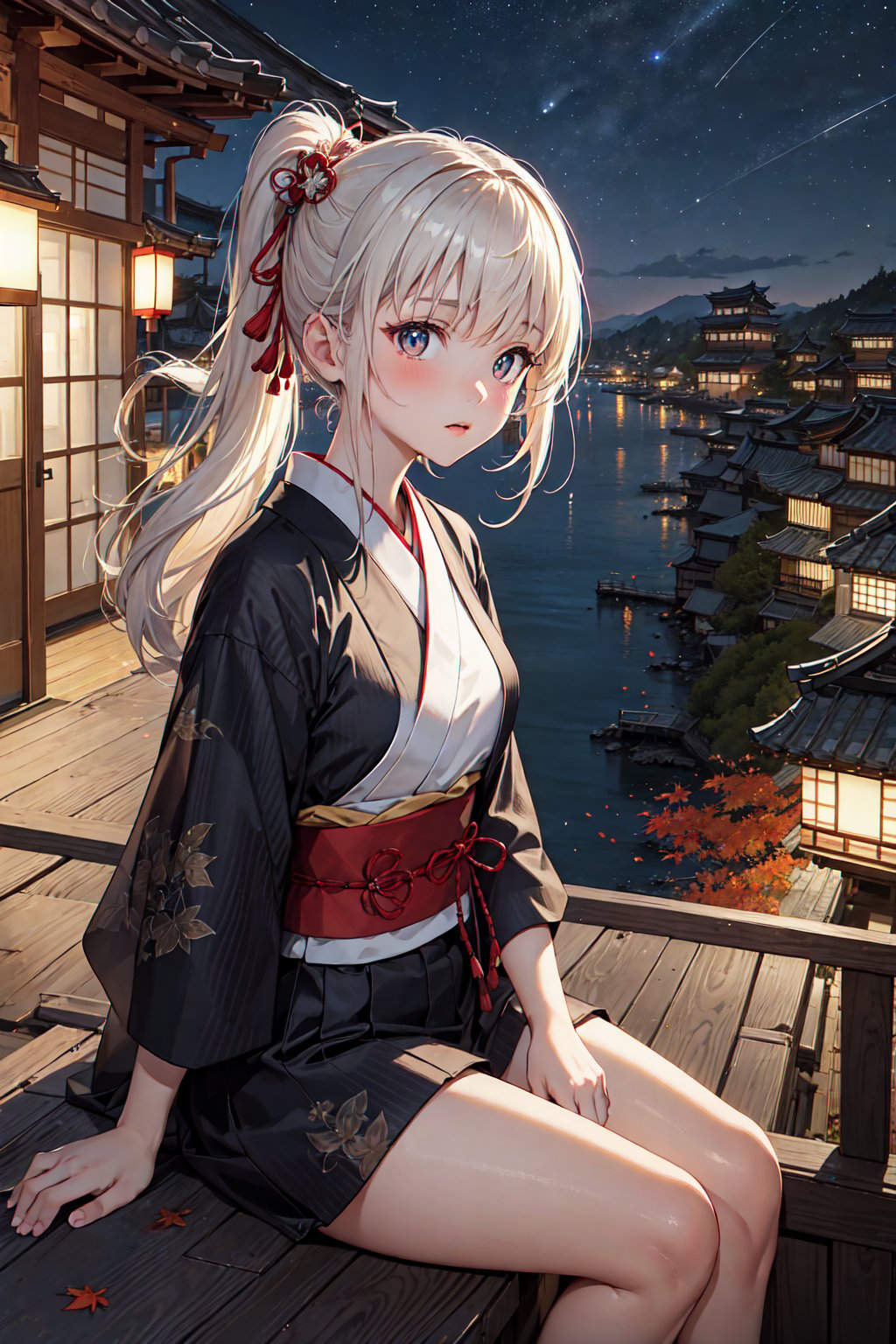 ((masterpiece:1.3, best quality:1.4)), delicate mature lady, wide hips, large breasts, 1girl with short white hair, very long hair, side ponytail, traditional japanese dress, red pupils, ((sitting near building's ledge)), rooftop, city view, seaside city, incredible view, ((nighttime)), city lights, sparkling, ((small traditional japanese village)), autumn leaves in the air, autumn season, stars night sky, forest in the distance, {{front view}},