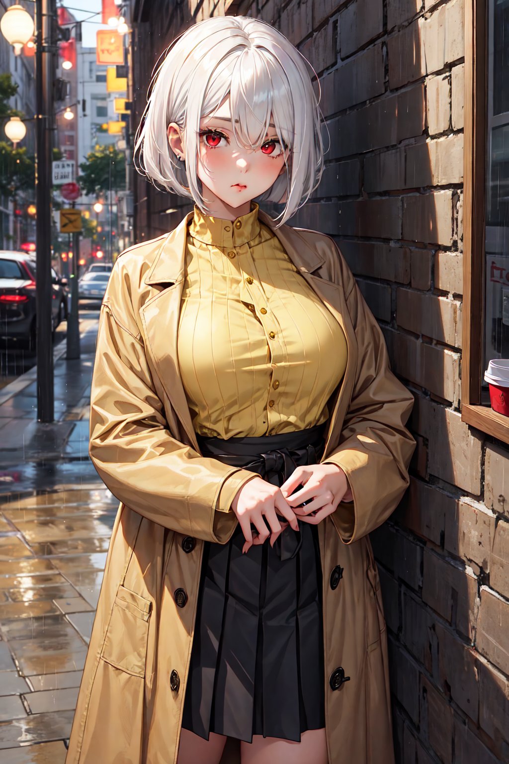 1girl with a long bob cut hair, white hair, hair over eyes, messy hair, red eyes, toned, tomboy, tall female, large breasts, curvy, wearing light brown long coat, yellow shirt, pleated black skirt, leaning on wall, pout, coffee shop behind her, chill, cozy ambience, rainy,