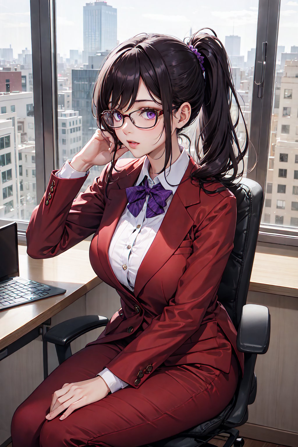 1girl with a very long hair, side ponytail, pompous red suit with purple details, stylish, curvy, sitting on office chair, sharply dressed female, glasses, messy hair, hair over eyes, office scenery, window overlooking city,