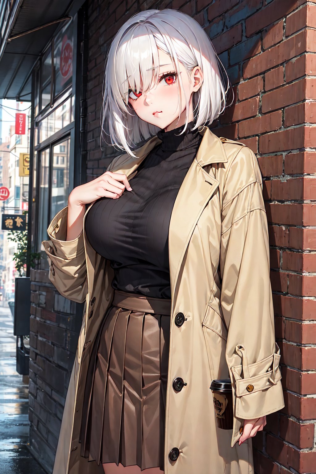 1girl with a long bob cut hair, white hair, hair over eyes, messy hair, red eyes, toned, tomboy, tall female, large breasts, curvy, wearing light brown long coat, yellow shirt, pleated black skirt, leaning on wall, pout, coffee shop behind her, chill, cozy ambience, rainy,