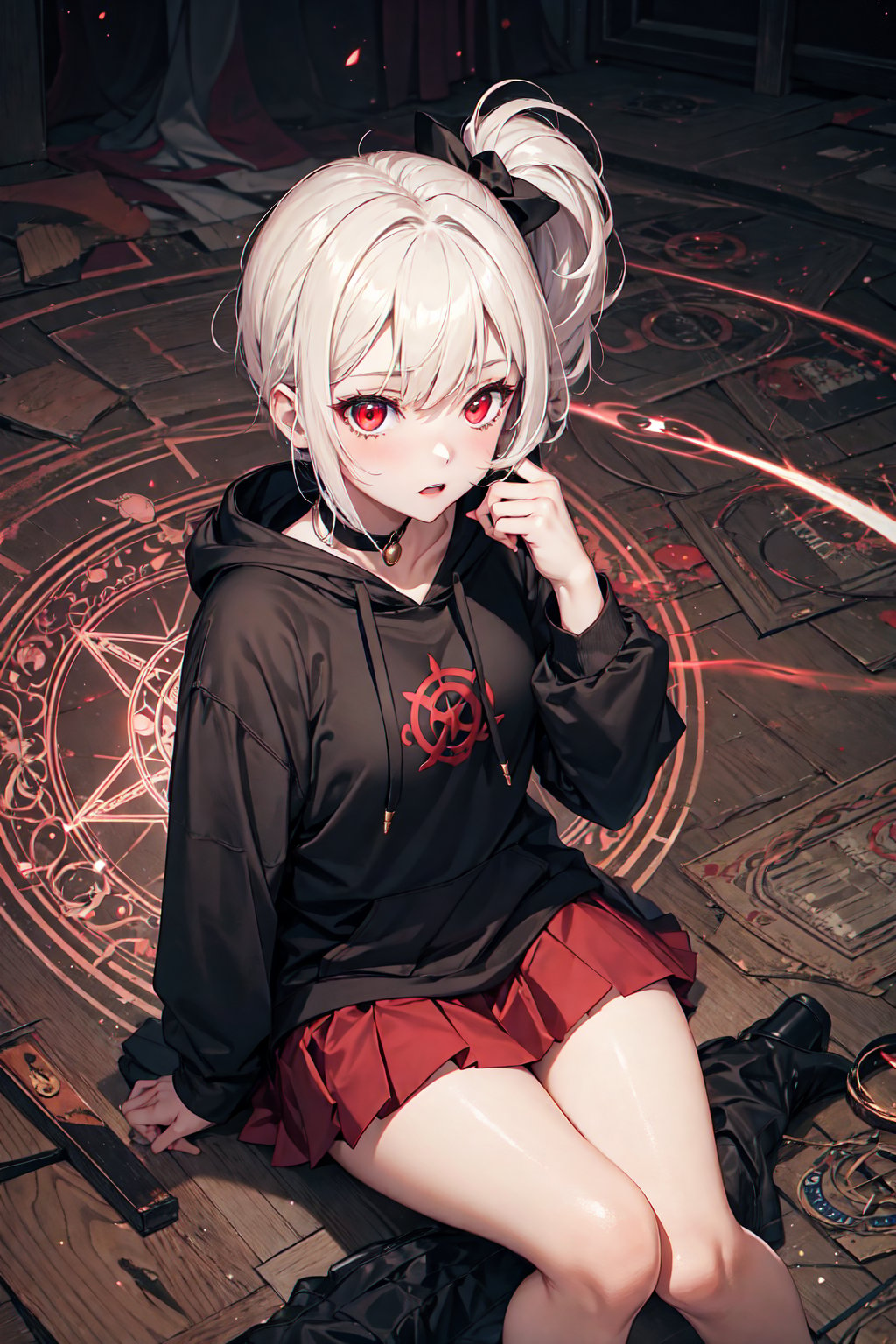 1girl with a short hair, side ponytail, red eyes, glowing eyes, black hoodie, pleated red skirt, pale skin, sitting, possessed, magical girl, magic circle, magic circuit, abandoned manor,