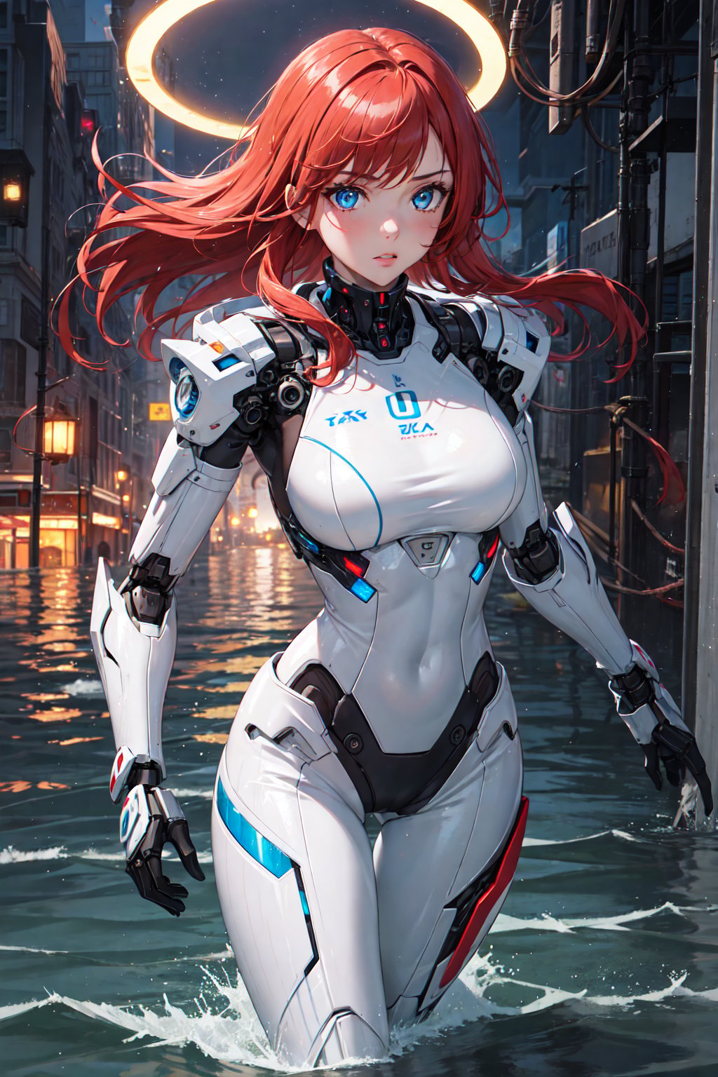 1girl, solo focus, tall female, red hair, blue eyes, glowing eyes, mechanical parts, robot girl, white suit, running through flooded city, walkway, close up, multiple mechanical halos,