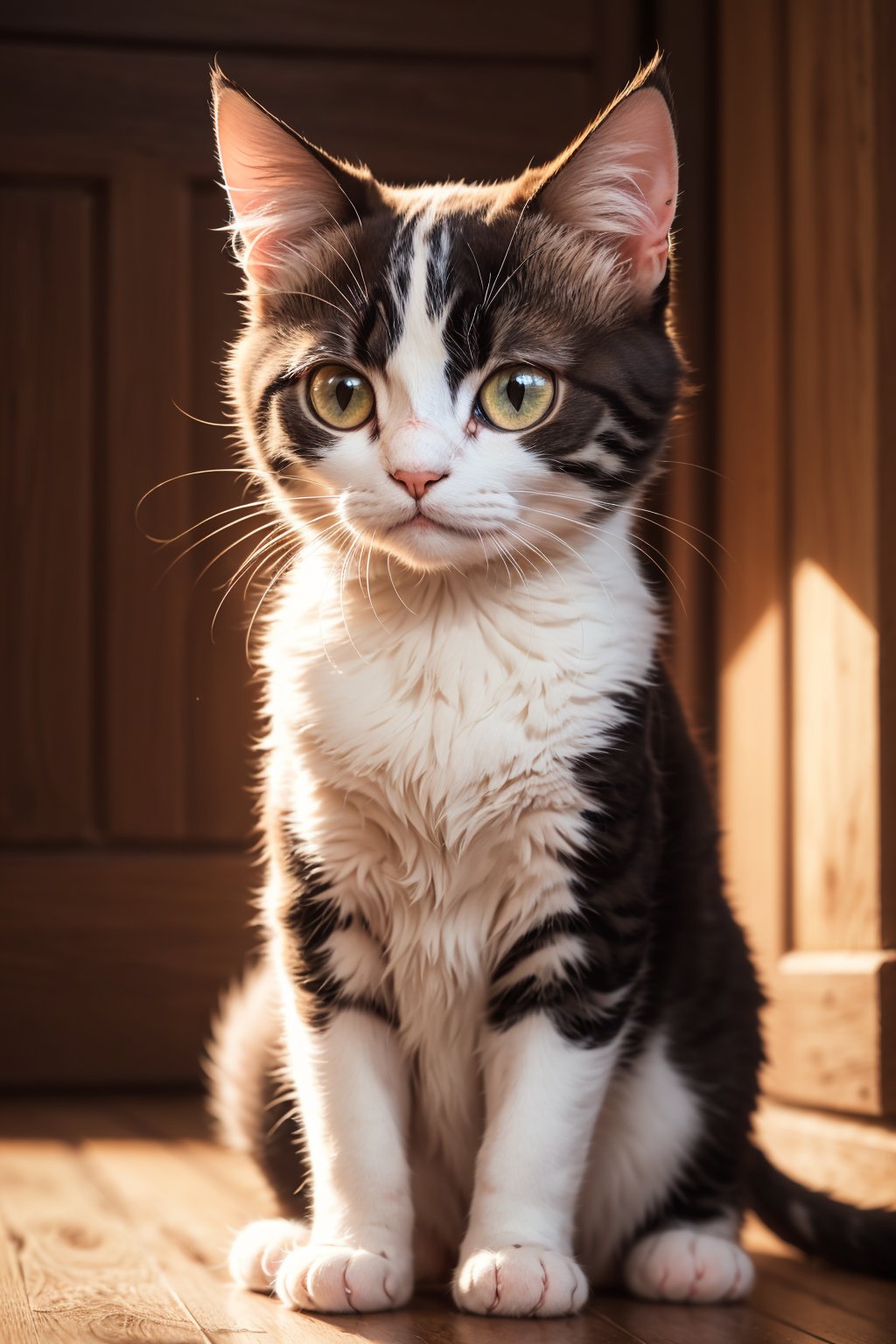 a cute cat portrait, (best quality, highres), detailed fur, vibrant colors, adorable expression, (adorable:1.1), clear focus, soft lighting
