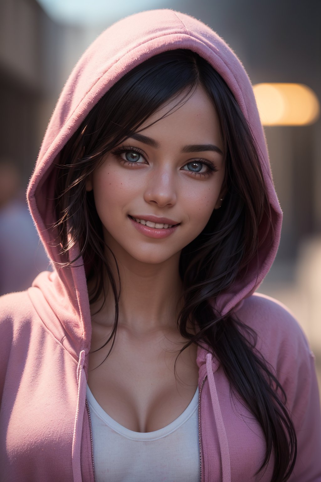 (best quality,4k,8k,highres,masterpiece:1.2),ultra-detailed,(realistic,photorealistic,photo-realistic:1.37),soft lighting,woman,cute smile, wearing hoodie, looking at viewer, holi color festival, portrait, hyper detailed,stock photograph,rich colors ,hyper realistic ,lifelike texture, dramatic lighting ,sexy