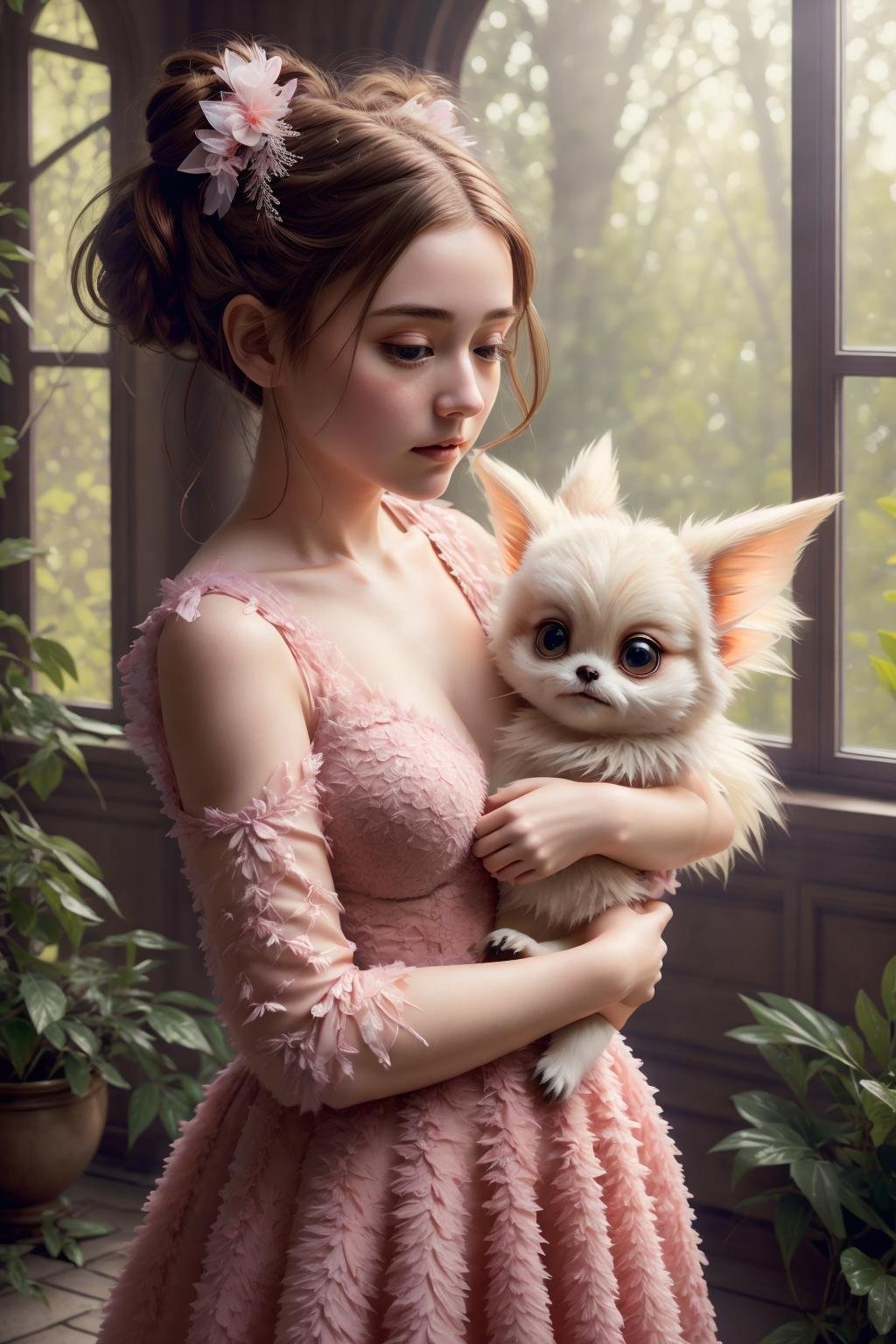 <lora:Loha_MoglinV1:0.7>masterpiece, highly detailed photorealistic 8k raw photography, best cinematic quality, volumetric lighting, volumetric shadows, 1girl in spring dress with a mgln in her arms, Two-shot, house interior background 