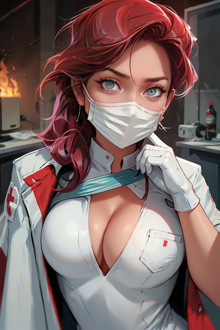  military doctor, white uniform with Red Cross, tight top, deep cleavage, doctors mask, bloody gloves, breasts,Tighttops