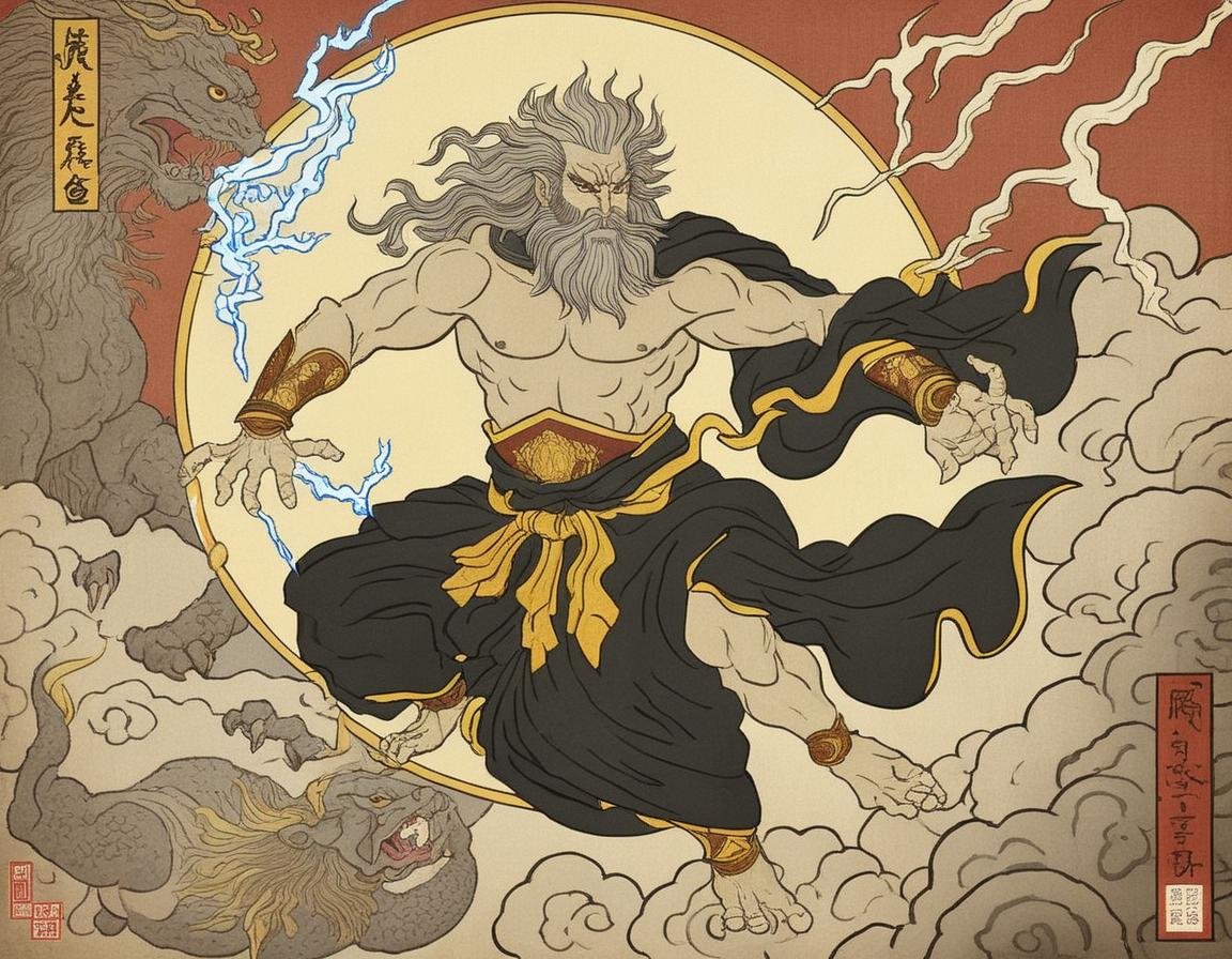 The illustration showcases Zeus, the king of the gods, rendered in the delicate and detailed aesthetics of Ukiyo-e art style. His majestic figure is adorned with ornate garments, richly decorated with traditional Japanese patterns. His posture is commanding, holding a lightning bolt – his iconic symbol – which is intricately detailed to resemble a fusion of classical Greek mythology and traditional Japanese craftsmanship. The backdrop is reminiscent of old parchment, enhancing the Ukiyo-e ambiance. His expression is stern and authoritative, befitting his status as the ruler of gods, yet the overall detailing and colors are deeply rooted in the grace of Ukiyo-e artistry. This representation is a harmonious blend of ancient Greek lore and traditional Japanese art, portraying Zeus in a never-before-seen avatar,<lora:ukiyoe:0.75>  