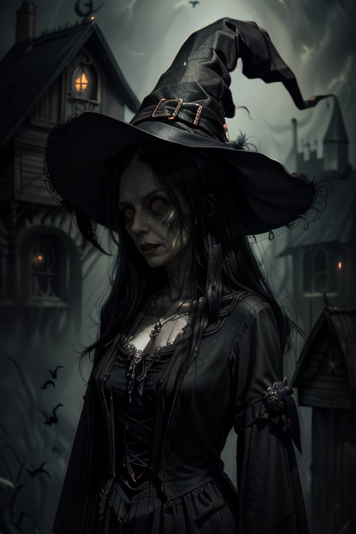 n3n3k, looking at viewer,witch, long hair, black hair, dress, jewelry, necklace,rim light,((witch's house background)),  <lora:n3n3k-05:1>, <lora:yuzuv10:0.8>, <lora:more_details:0.4>