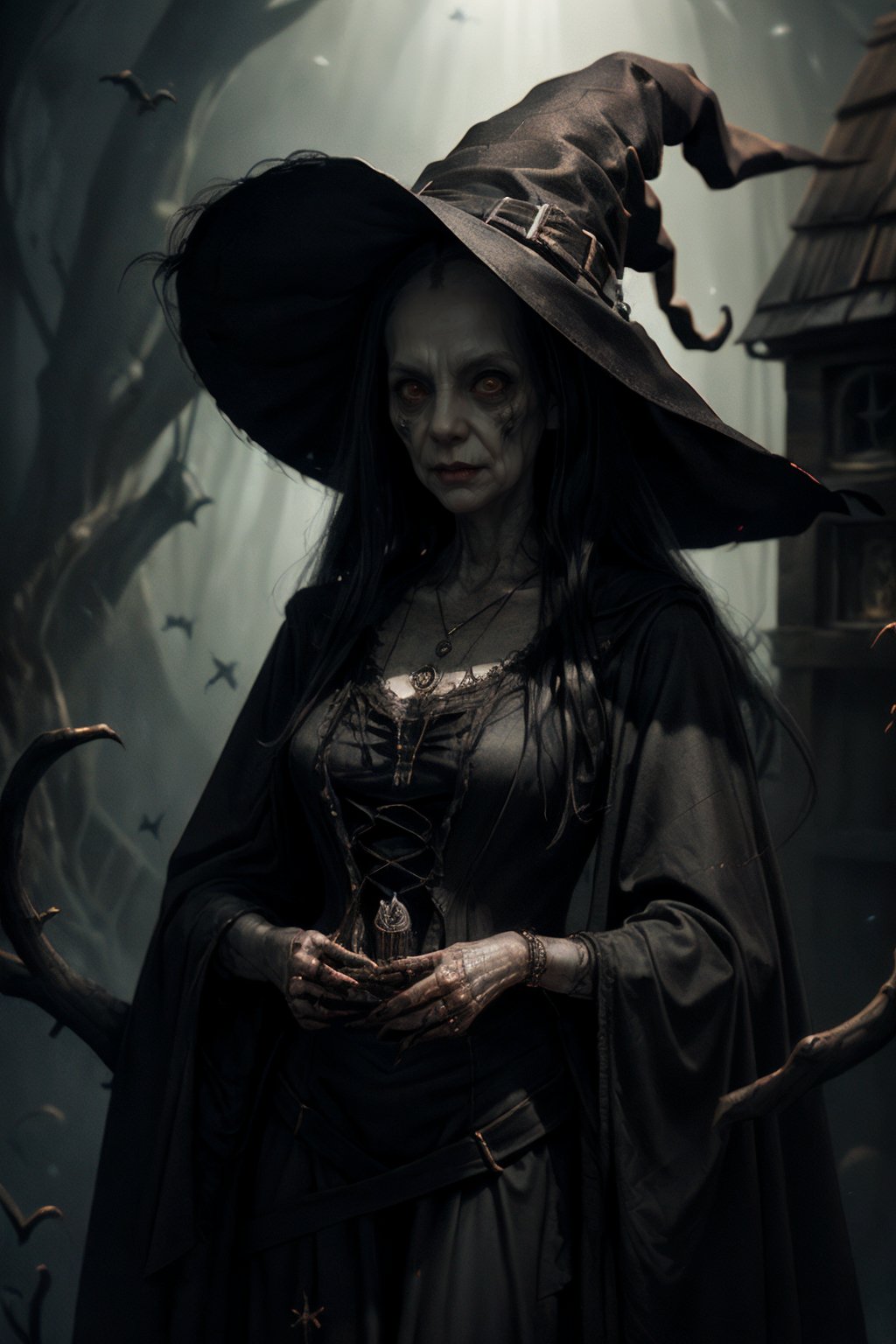 n3n3k, looking at viewer,witch, long hair, black hair, dress, jewelry, necklace,rim light,((witch's house background)),   <lora:Evil_Witch-000005:1>