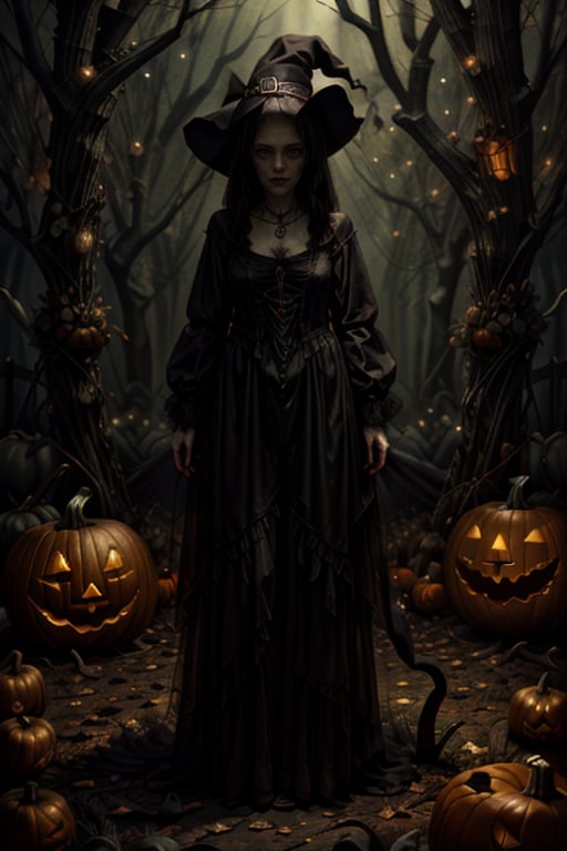 Horror-themed (full body), n3n3k, looking at viewer,witch, long hair, black hair, dress, jewelry, necklace,((lots of pumpkins in the background)),  <lora:n3n3k-04:1>, <lora:yuzuv10:0.6>, <lora:more_details:0.6>,  <lora:slit-pupils:0.6>  . Eerie, unsettling, dark, spooky, suspenseful, grim, highly detailed