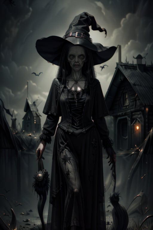 n3n3k, looking at viewer,witch, long hair, black hair, dress, jewelry, necklace,((witch's house background)),  <lora:n3n3k-05:1>, <lora:yuzuv10:0.8>, <lora:more_details:0.4>