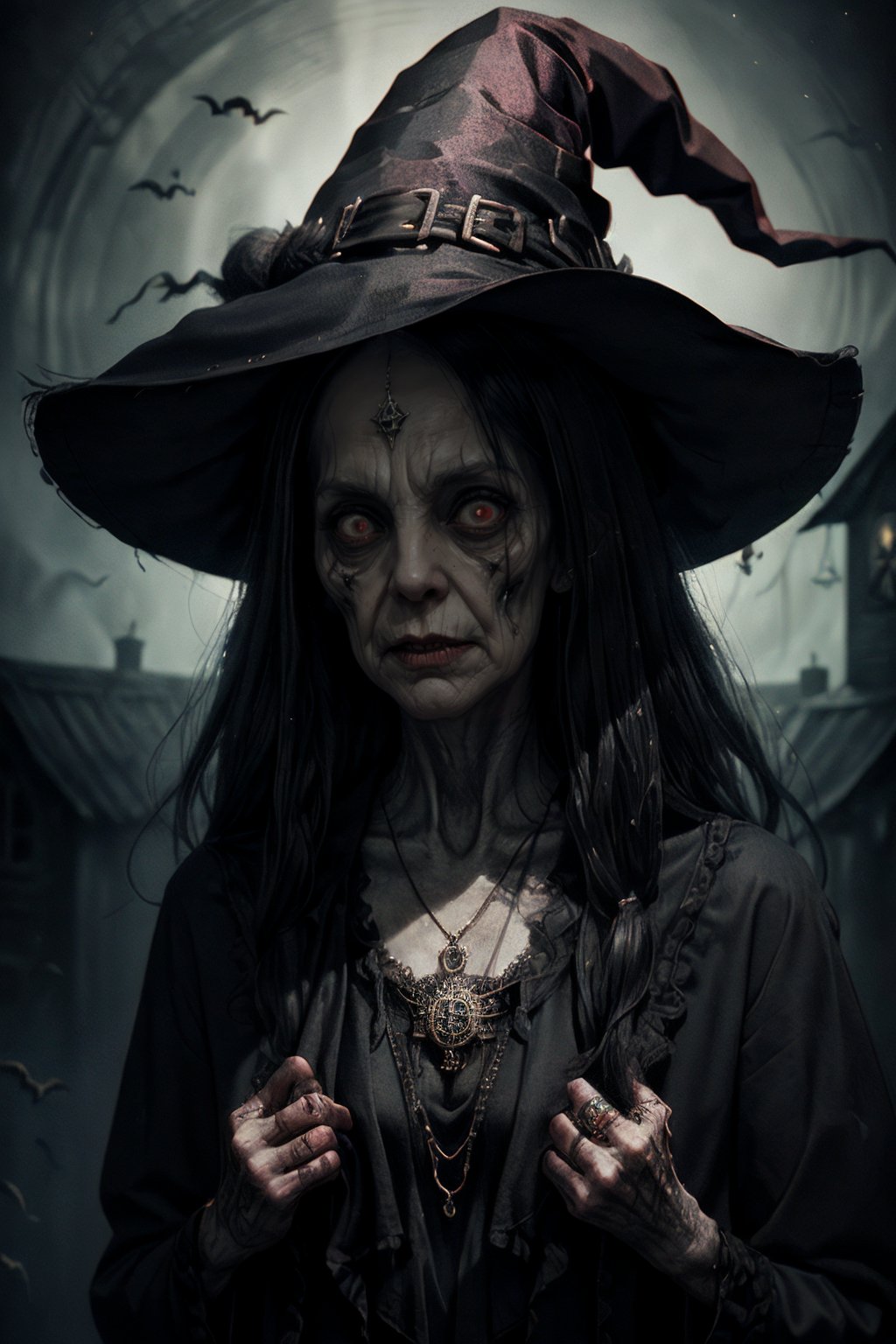 n3n3k, looking at viewer, hat, witch hat, witch, black headwear, jewelry, necklace,rim light,((witch's house background)),   <lora:Evil_Witch-000005:1>