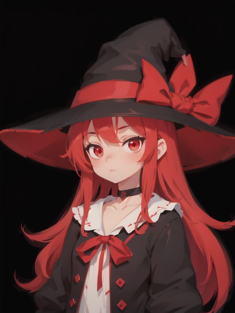 1girl wearing a witch hat and a red ribon choker, red ribon, ribon choker, anime style. dark background