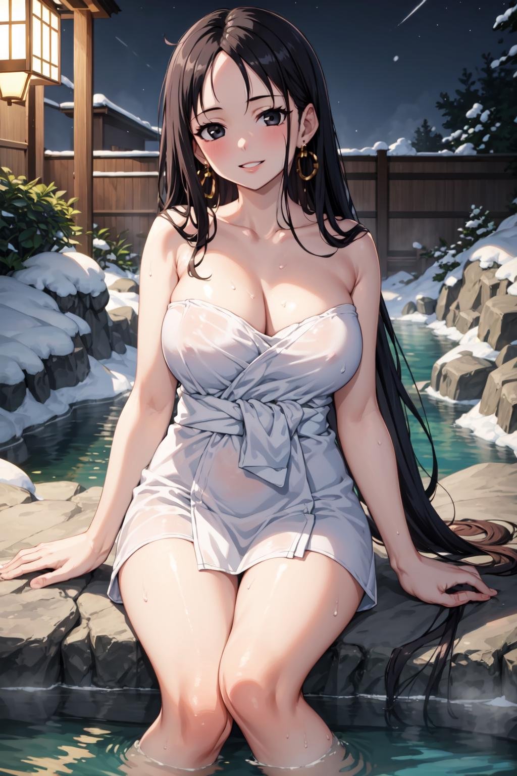 (Masterpiece), high quality, best quality, boa hancock, one piece, black hair, black eyes,  <lora:Boa Hancock:0.7>, solo, long hair, looking at viewer, smile, large breasts, cleavage, bare shoulders, sitting, collarbone, thighs, earrings, 1girl, outdoors, parted lips, sky, water, night, arm support, towel, night sky, snow, (forehead), rock, onsen, naked towel, soaking feet