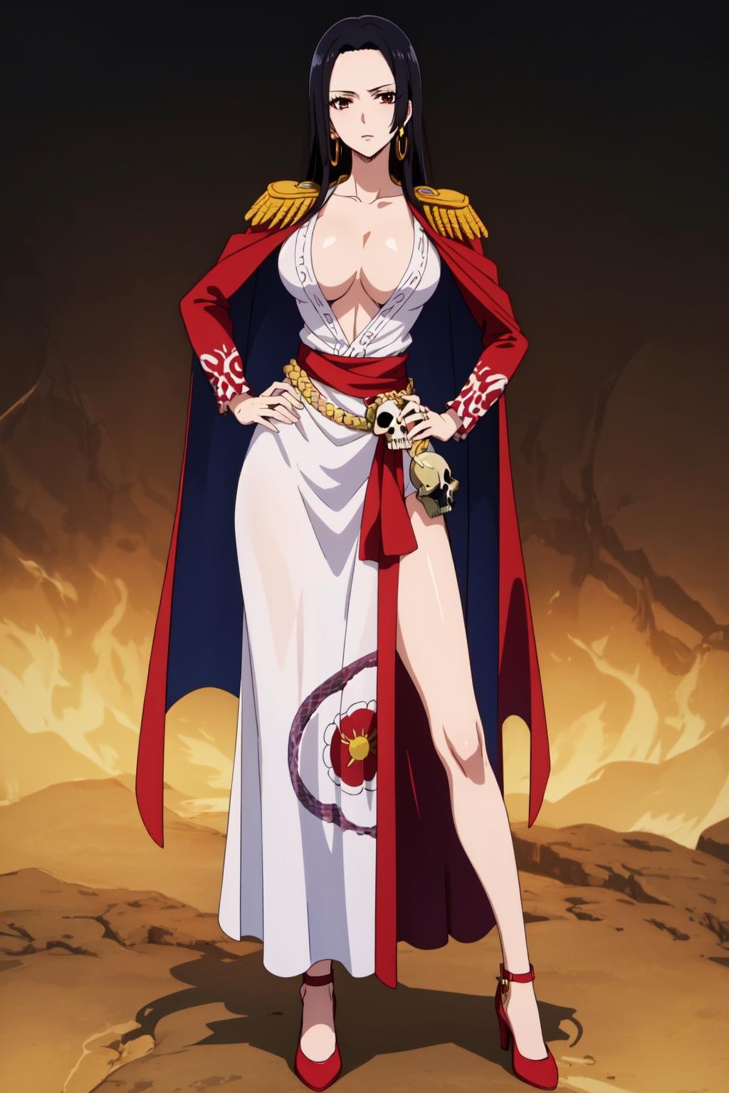 (Masterpiece), high quality, best quality, boa hancock, one piece, black hair,  <lora:Boa Hancock:0.9>, solo, long hair, breasts, looking at viewer, large breasts, dress, 1girl, cleavage, jewelry, full body, earrings, cape, hand on hip, epaulettes, skull, snake