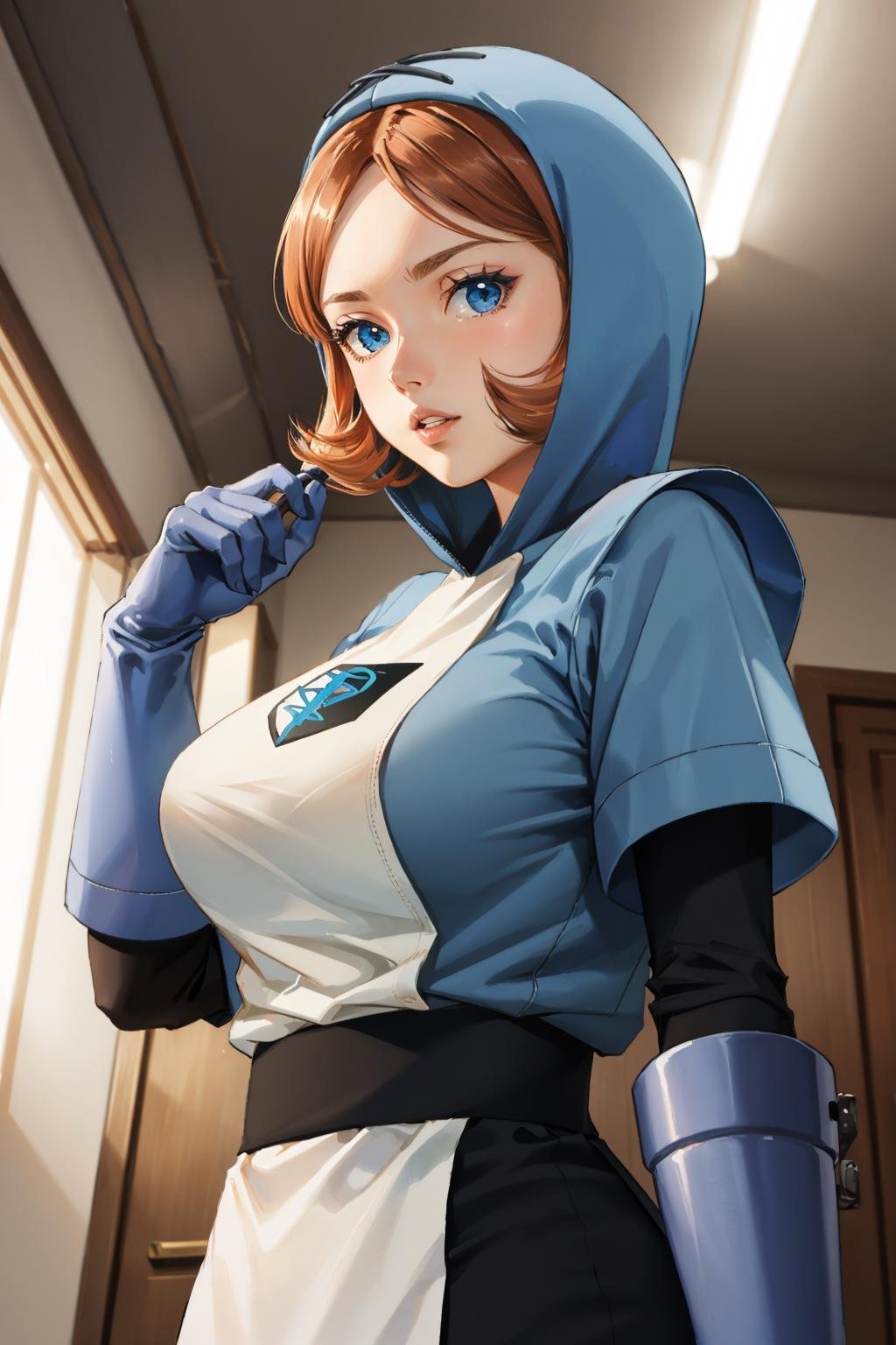 masterpiece, best quality,  <lora:pkmntpg-nvwls-v1-000010:1> pkmntpg, hood, white dress, blue gloves, huge breasts, standing, upper body, looking at viewer, parted lips, indoors, science fiction, from below