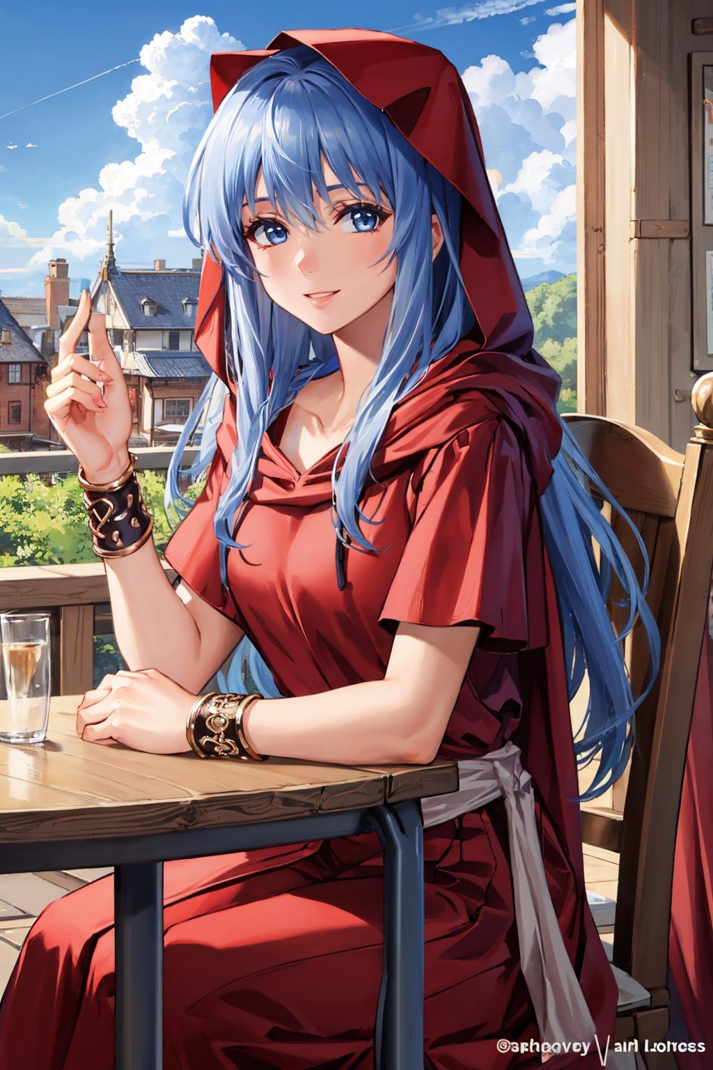 masterpiece, best quality,  <lora:reah-nvwls-v1-000009:0.9> reah, red scarf, red cloak, red dress, bracelet, looking at viewer, smile, clouds, village, blue sky, hood, sitting, chair, table, indoors, looking at viewer, surprised