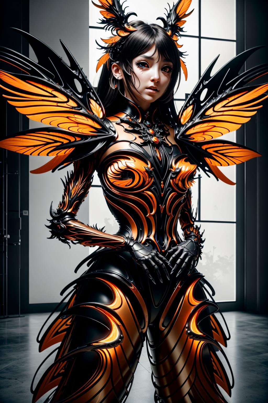 <lora:wsprmr_v1:0.9>masterpiece, highly detailed photorealistic 8k raw photo, best cinematic quality, volumetric lighting and shadows, Extreme long shot 1girl in Goldfish Orange wsprmr, insect wings, claws, full body, Standing, pretending to hold a bouquet of daisies, dungeon  background