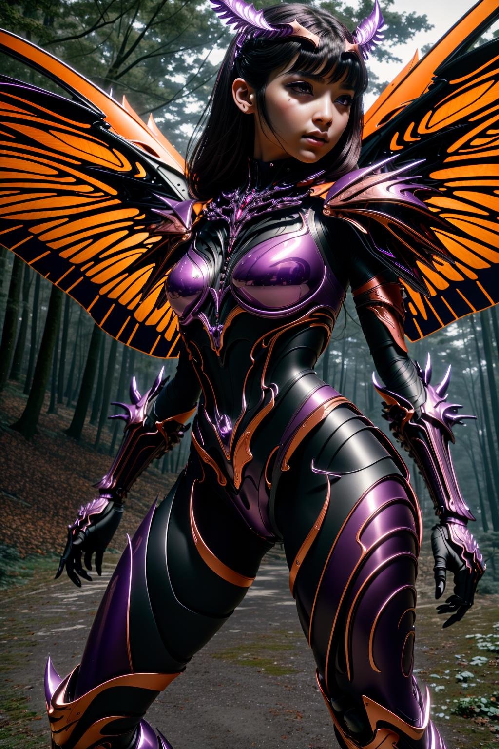 <lora:wsprmr_v1:0.8>masterpiece, highly detailed photorealistic 8k raw photo, best cinematic quality, volumetric lighting and shadows, Medium shot 1girl in Plum Purple wsprmr, insect wings, claws, full body, Leaping with one arm up, camp  background