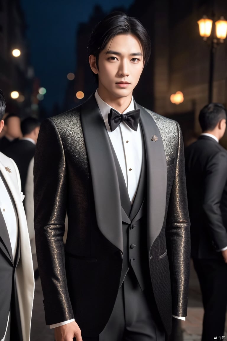  jzns,1man,male focus,asian,exquisite facial features,handsome,corsage,black formal,Volumetric lighting,outdoors,full shot,masterpiece, realistic, best quality, highly detailed, Ultra High Resolution,profession, zuk, jznszz,chg