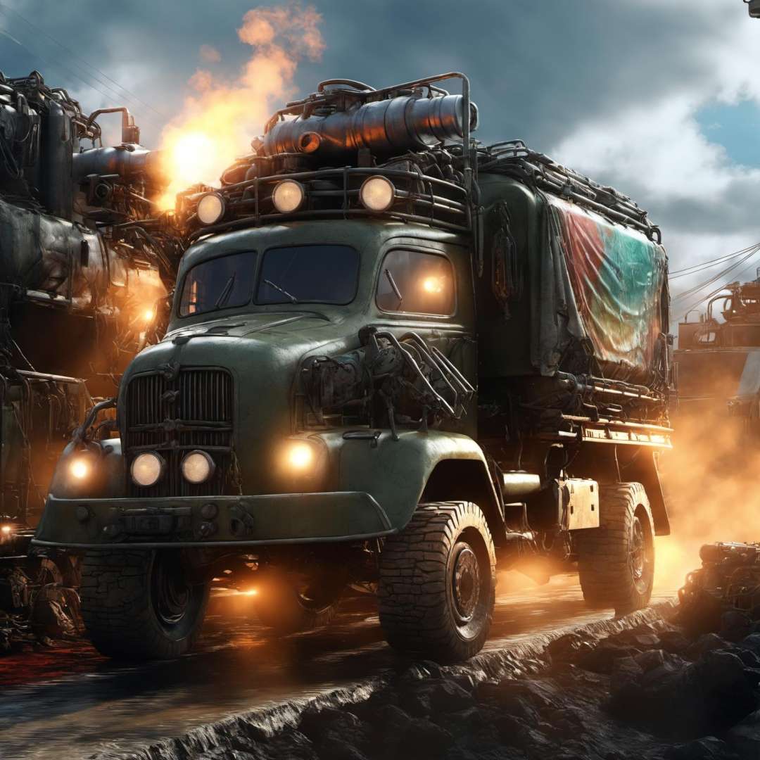 <lora:DieselPunkAI:1> DieselPunkAI truck  , (Highly detailed, amazing military setting), (Shiny Impressive lighting), (Colorful, Ultra stylized, High quality, Highly detailed, Sharp, 8K UHD), (trending on artstation)