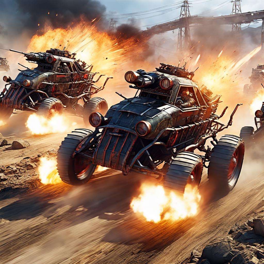 <lora:DieselPunkAI:.8> Multiple DieselPunkAI mechanized battle buggies racing , fighting,  warfare, extreme, action, destruction, cinematic, hyperrealistic, masterpiece, detailed