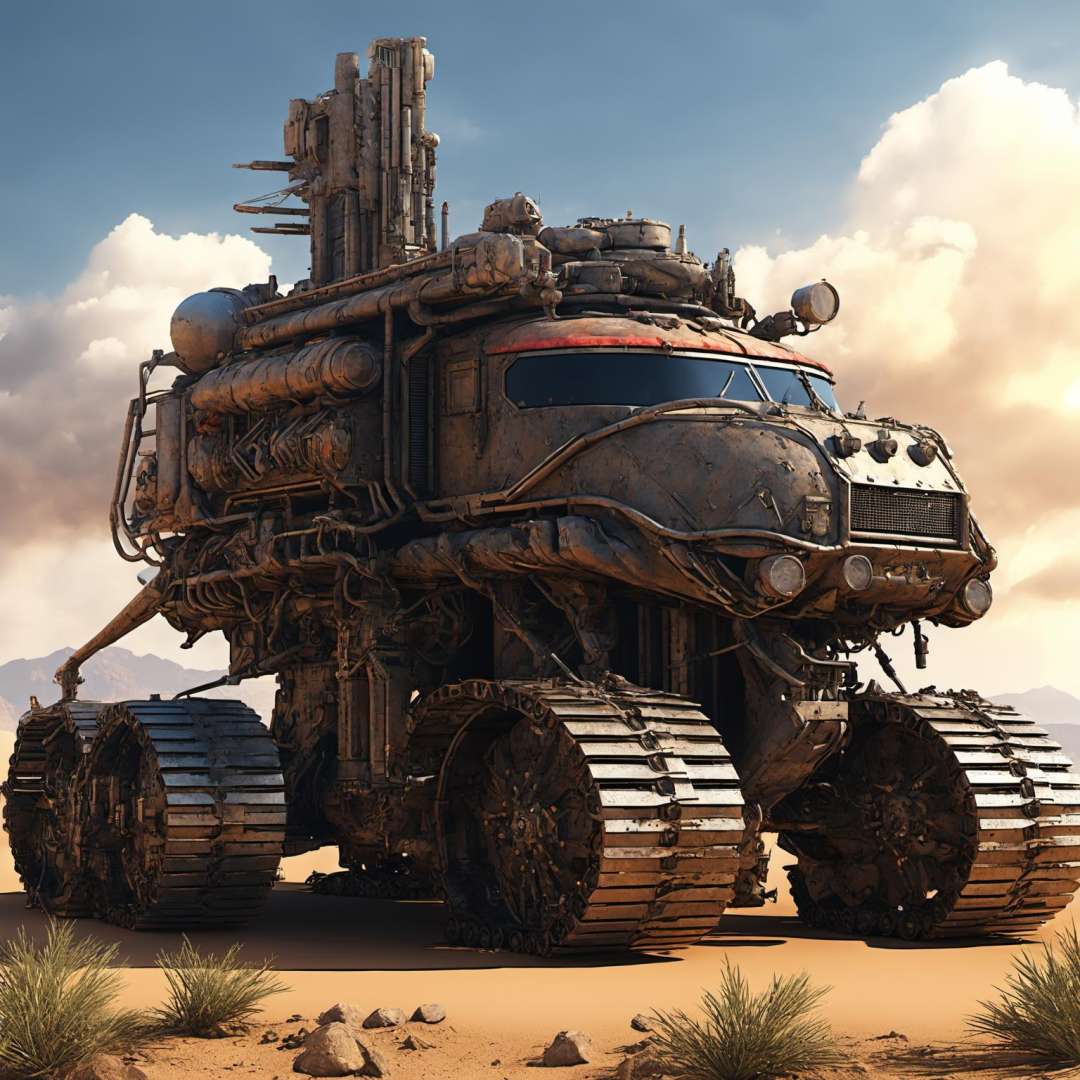 <lora:DieselPunkAI:1> DieselPunkAI large vehicle in desert  , (Highly detailed, amazing military setting), (Shiny Impressive lighting), (Colorful, Ultra stylized, High quality, Highly detailed, Sharp, 8K UHD), (trending on artstation) 