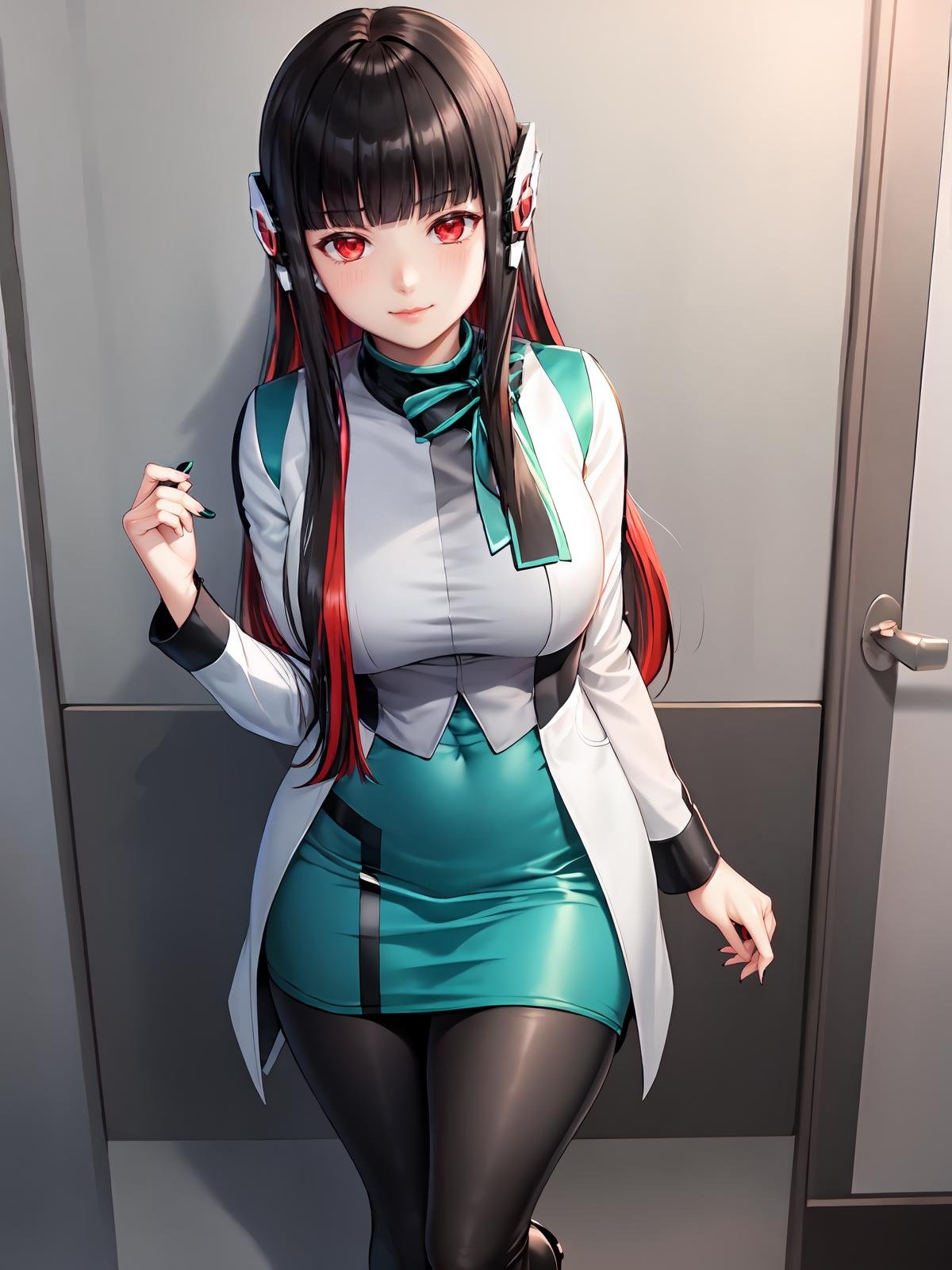 (extremely detailed CG), (best quality), 1girl, perfect face,shiny skin,narrow waist, wide hips  <lora:AzuArk-10:0.8> AzuArk,high heels, footwear,humagear_headphones,black nails,white jacket,skirt,long sleeves,red hair, red eyes, blunt bangs,pantyhose,multicolored hair,long hair,bangs,black hair,