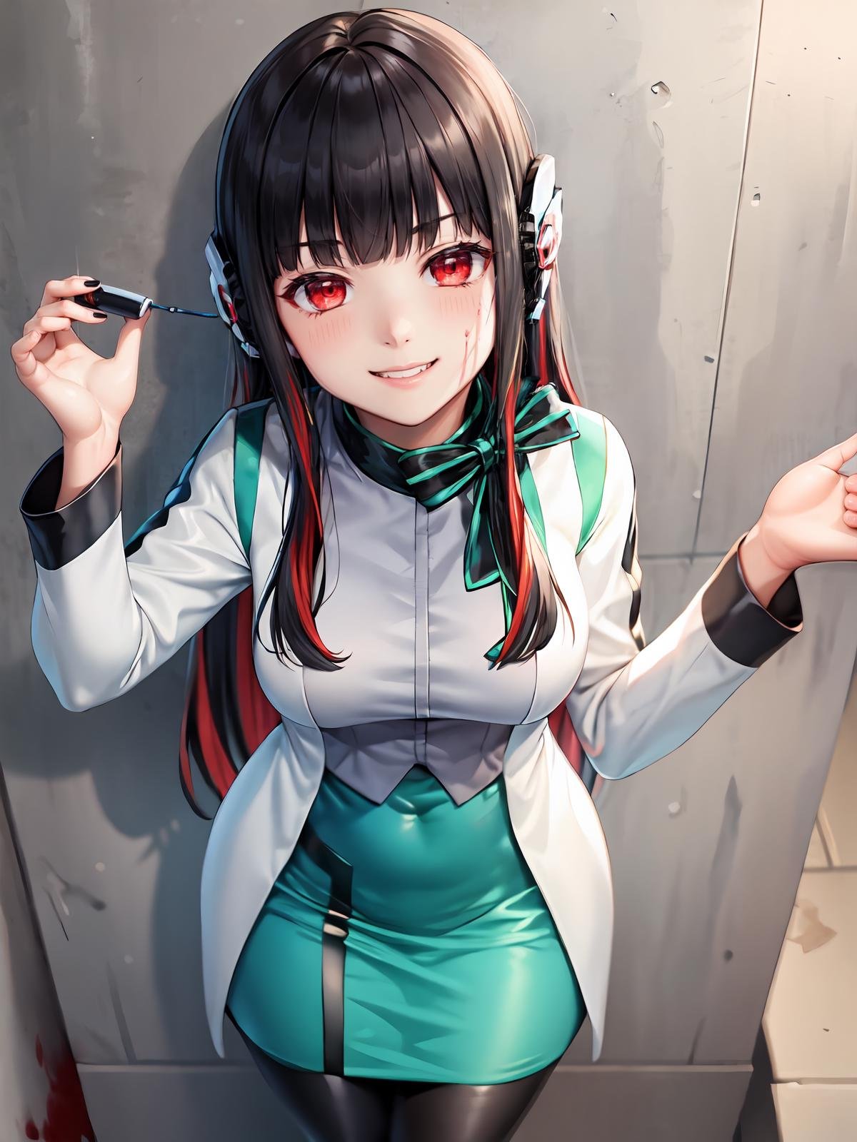 (extremely detailed CG), (best quality), 1girl, perfect face,shiny skin,narrow waist, wide hips  <lora:AzuArk-10:0.8> AzuArk, footwear,humagear_headphones,black nails,white jacket,skirt,long sleeves,red hair, red eyes, blunt bangs,pantyhose,multicolored hair,long hair,bangs,black hair,looking at viewer,  sadistic grin, portrait, (blood splashing on face:1)