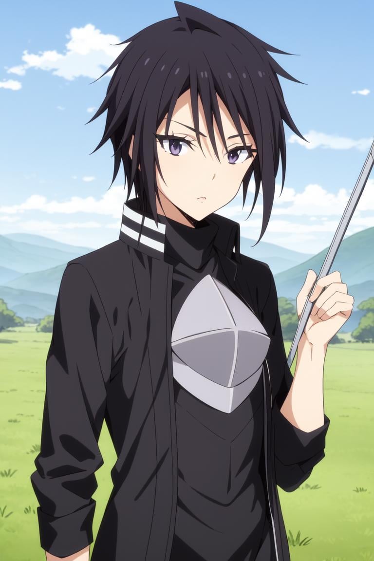 <lora:Hinata SakaguchiV2:0.8>Hinata Sakaguchi((best quality)), ((masterpiece)), (detailed)1girl, black_eyes, black_hair, black_shirt, blue_sky, cloud, cloudy_sky, day, field, grass, hill, jacket, looking_at_viewer, male_focus, mountain, outdoors, sky, solo, tree, turtleneck