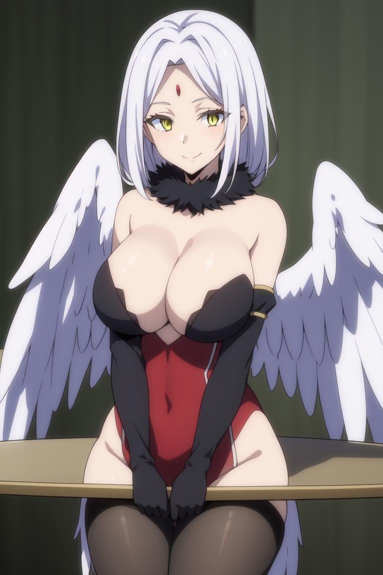 Frey<lora:FreyV1:0.7>1girl, angel, angel_wings, asymmetrical_wings, bird_wings, black_wings, breasts, cleavage, cup, feathered_wings, harpy, kishin_sagume, large_breasts, large_wings, multiple_wings, silver_hair, single_wing, smile, solo, spread_wings, table, white_feathers, white_wings, winged_arms, wings,