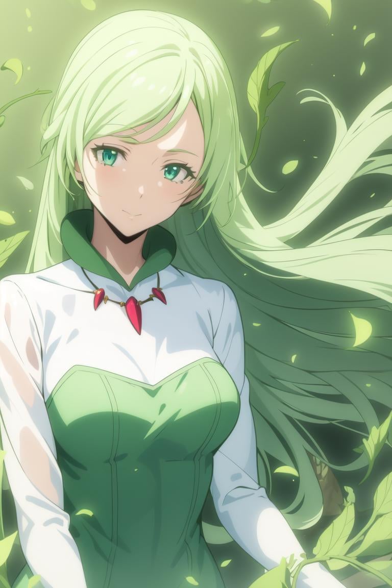 Treyni <lora:TreyniV1:0.8>((best quality)), ((masterpiece)), (detailed)1girl, breasts, dress, feathers, glowing, green_background, green_theme, jewelry, leaf, leaves_in_wind, long_hair, petals, rose_petals, solo, white_feathers, wind