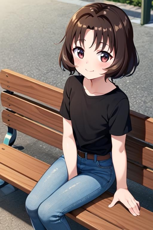 masterpiece, best quality, <lora:sasaki_rika:0.7> sasaki_rika, 1girl, solo, brown hair, brown eyes, short hair, smile, blush, black shirt, short sleeves, jeans, sitting, park bench, park, outdoors, looking at viewer, from above, flat chest, child, 