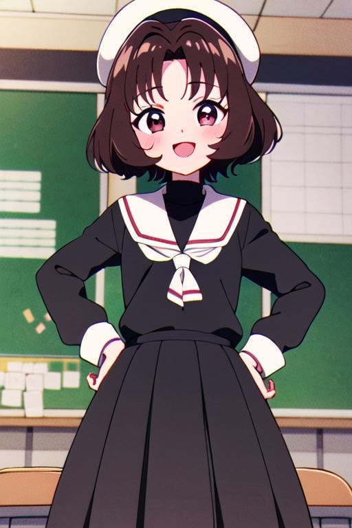 masterpiece, best quality, <lora:sasaki_rika:0.7> sasaki_rika, 1girl, solo, brown hair, brown eyes, short hair, smile, open mouth, blush, school uniform,black sweater, white headwear, looking at viewer, indoors, classroom, anime coloring, 1990s \(style\), standing, hands on hips, 