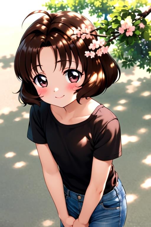 masterpiece, best quality, <lora:sasaki_rika:0.7> sasaki_rika, 1girl, solo, brown hair, brown eyes, short hair, smile, blush, black shirt, short sleeves, jeans, park, outdoors, looking at viewer, from above, flat chest, child, cherry blossoms, tree, sunlight, 