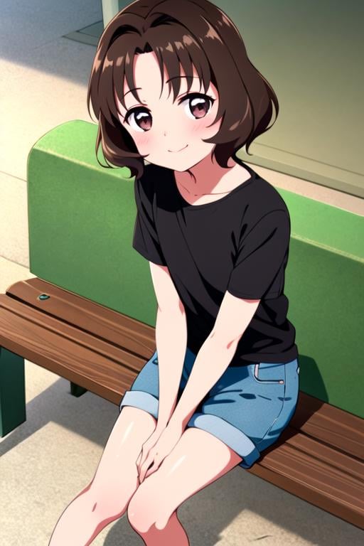 masterpiece, best quality, <lora:sasaki_rika:0.7> sasaki_rika, 1girl, solo, brown hair, brown eyes, short hair, smile, blush, black shirt, short sleeves, jeans, sitting, park bench, park, outdoors, looking at viewer, from above, flat chest, child, 