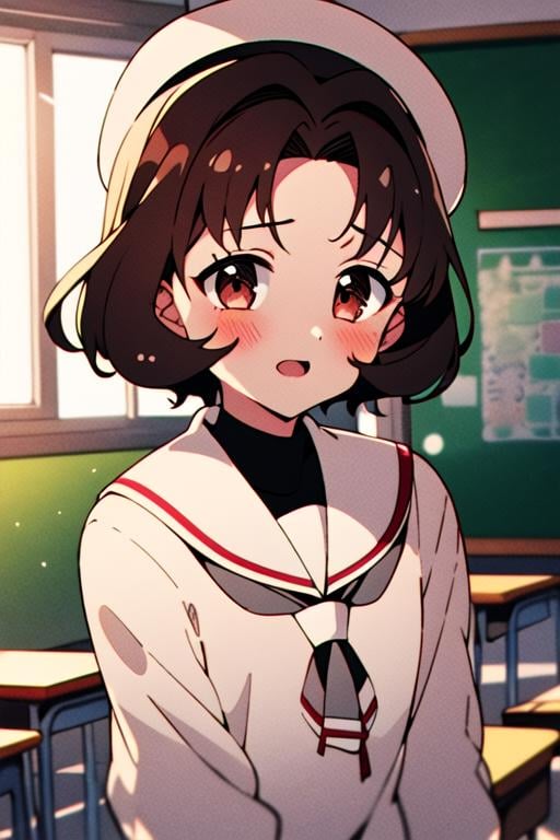 masterpiece, best quality, <lora:sasaki_rika:0.7> sasaki_rika, 1girl, solo, brown hair, brown eyes, short hair, open mouth, blush, school uniform, tomoeda elementary school uniform, white headwear, looking at viewer, sunlight, indoors, classroom, 