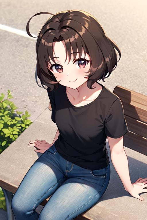 masterpiece, best quality, <lora:sasaki_rika:0.7> sasaki_rika, 1girl, solo, brown hair, brown eyes, short hair, smile, blush, black shirt, short sleeves, jeans, sitting, park bench, park, outdoors, looking at viewer, from above, 