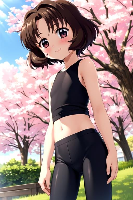 masterpiece, best quality, <lora:sasaki_rika:0.7> sasaki_rika, 1girl, solo, brown hair, brown eyes, short hair, smile, blush, black crop top, sleeveless, leggings, park, outdoors, looking at viewer, flat chest, child, cherry blossoms, tree, sunlight, 