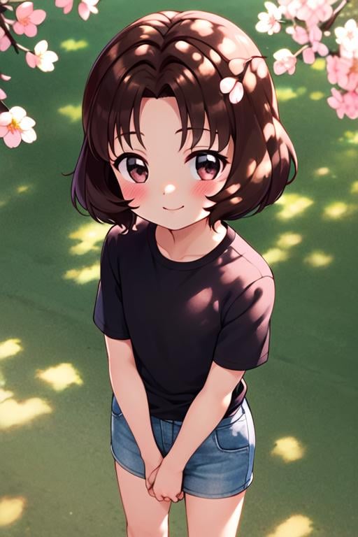 masterpiece, best quality, <lora:sasaki_rika:0.7> sasaki_rika, 1girl, solo, brown hair, brown eyes, short hair, smile, blush, black shirt, short sleeves, jeans, park, outdoors, looking at viewer, from above, flat chest, child, cherry blossoms, tree, sunlight, 