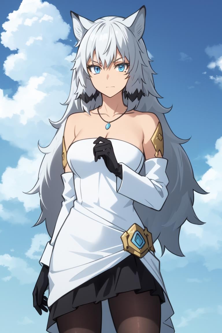 Suphia<lora:SuphiaV1:0.7>1girl, animal_ears, bare_shoulders, black_gloves, blue_eyes, blue_sky, cloud, cloudy_sky, day, gloves, jewelry, looking_at_viewer, necklace, sky, solo