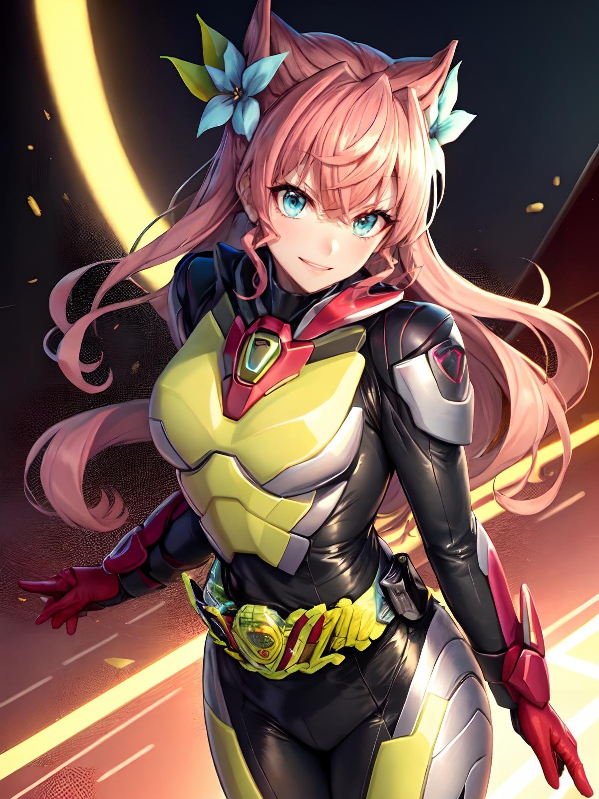 (extremely detailed CG), (best quality), perfect face, shiny skin, lustrous skin,wide hips,narrow waist  <lora:ZeroTwo-10:0.8> kamen rider zero-two, ZeroTwo, rider belt, green armor, bodysuit, green armor,gloves, black bodysuit, red gloves <lora:MariaEve-10:0.7> MariaEve,hair flower,very long hair, butterfly hair ornament,blue eyes, (strong pink hair:1), standing, smile, indoors,