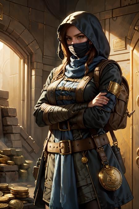 magv1ll, cowboy shot of rogue lady, black torn coat, multiple belts, bandages, backpack, hood up, scarf, mouth mask, crossed arms, bank vault indoors, pile of golden coins, treasures, fantasy <lora:sxz-mtg:0.7>